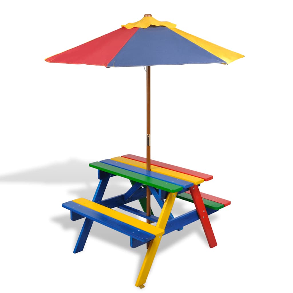 vidaXL Kinder-Picknicktisch mit Bänken & Sonnenschirm Mehrfarbig Holz