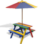 vidaXL Kinder-Picknicktisch mit Bänken & Sonnenschirm Mehrfarbig Holz