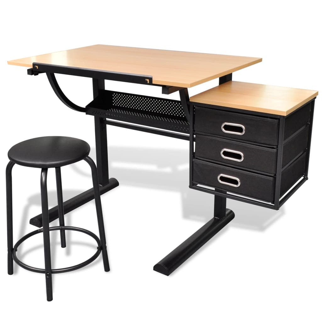 vidaXL Zeichentisch mit neigbarer Tischplatte 3 Schubladen und Hocker