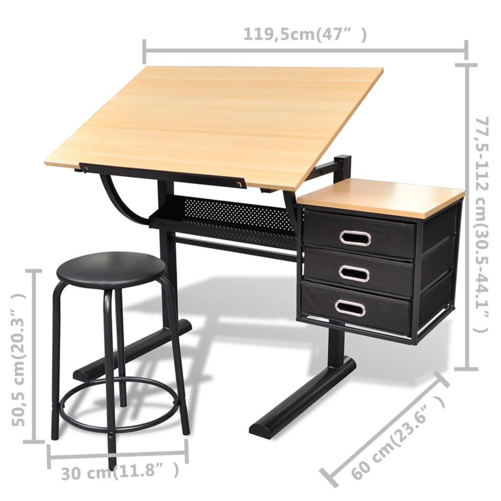 vidaXL Zeichentisch mit neigbarer Tischplatte 3 Schubladen und Hocker