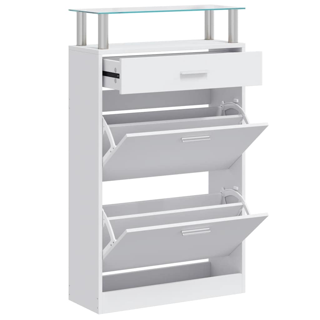 vidaXL Schuhschrank mit Schubfach und oberem Glasregal Holz Weiß