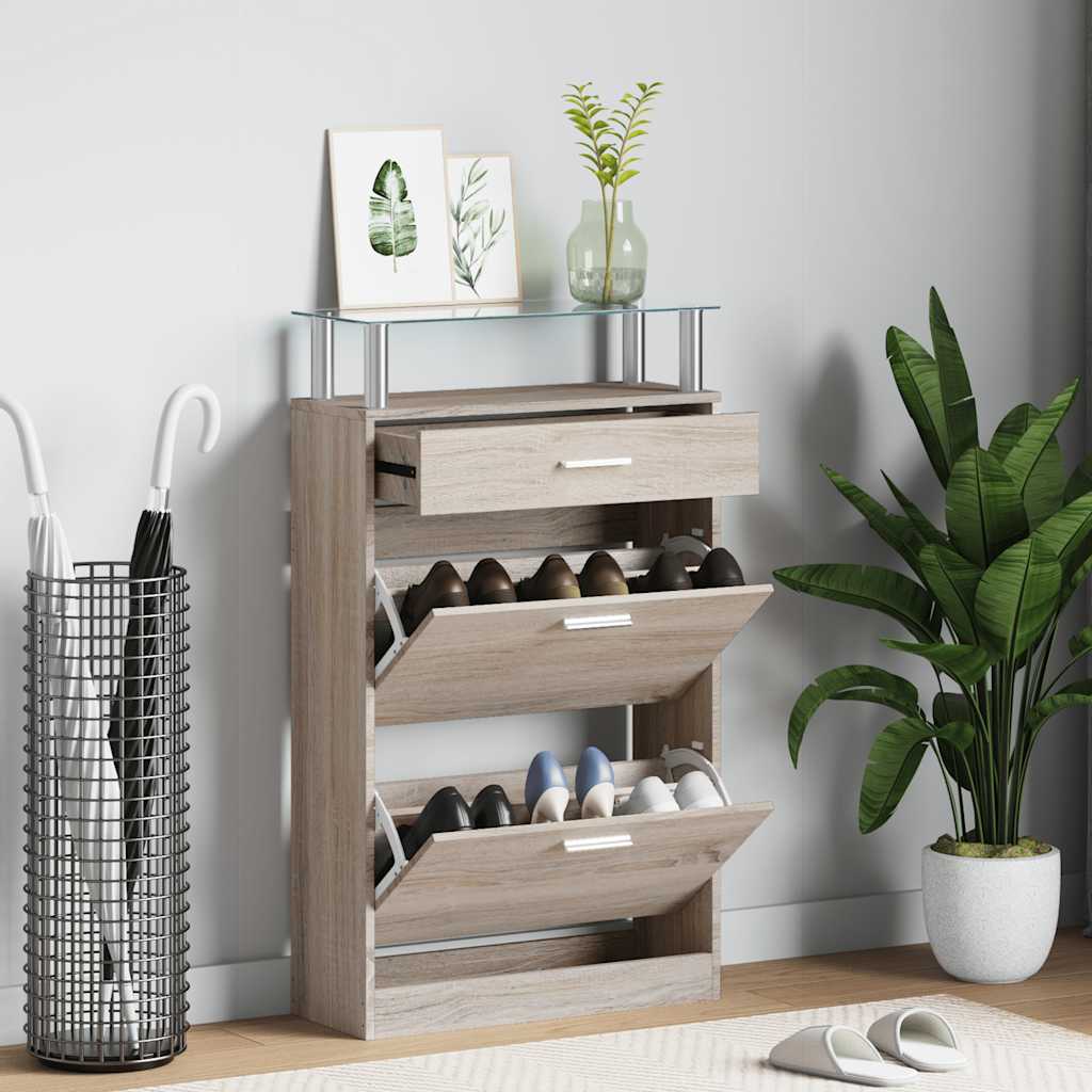 vidaXL Schuhschrank mit Schubfach & oberes Glasregal Holz Eichenoptik