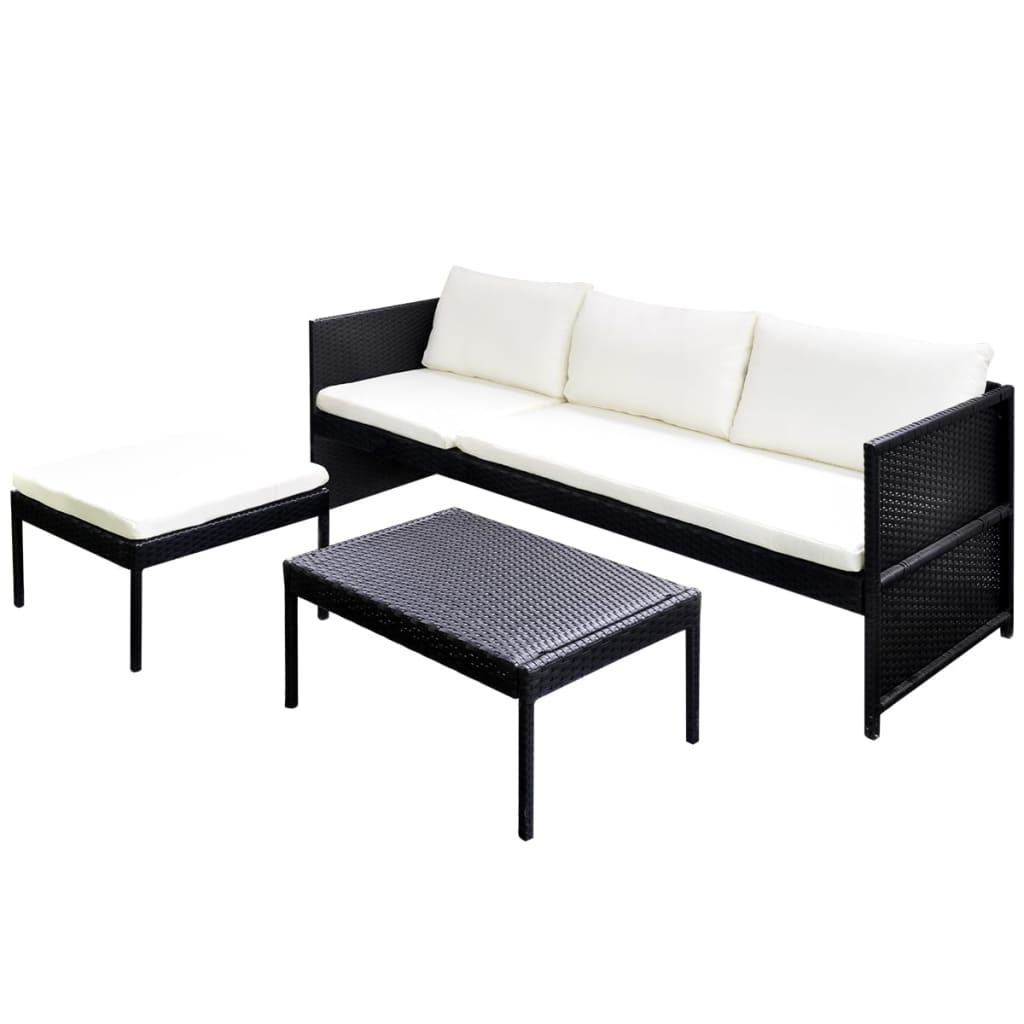 vidaXL 3-tlg. Garten-Lounge-Set mit Kissen Poly-Rattan Schwarz