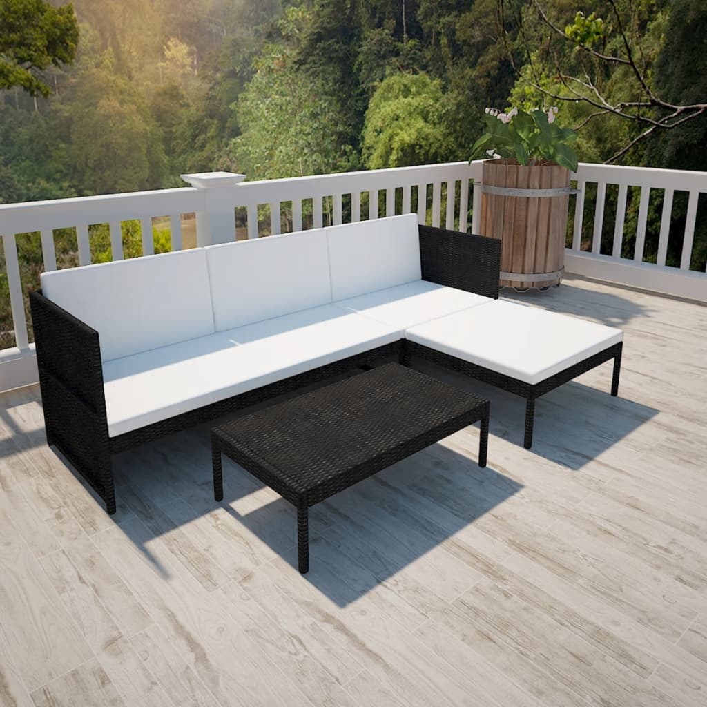 vidaXL 3-tlg. Garten-Lounge-Set mit Kissen Poly-Rattan Schwarz