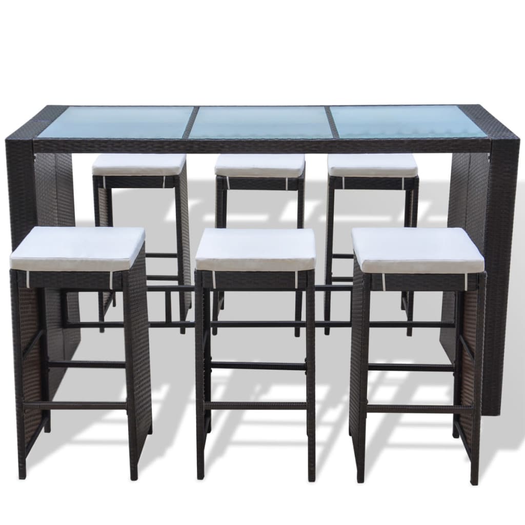 vidaXL 7-tlg. Gartenbar-Set mit Auflagen Poly Rattan Braun