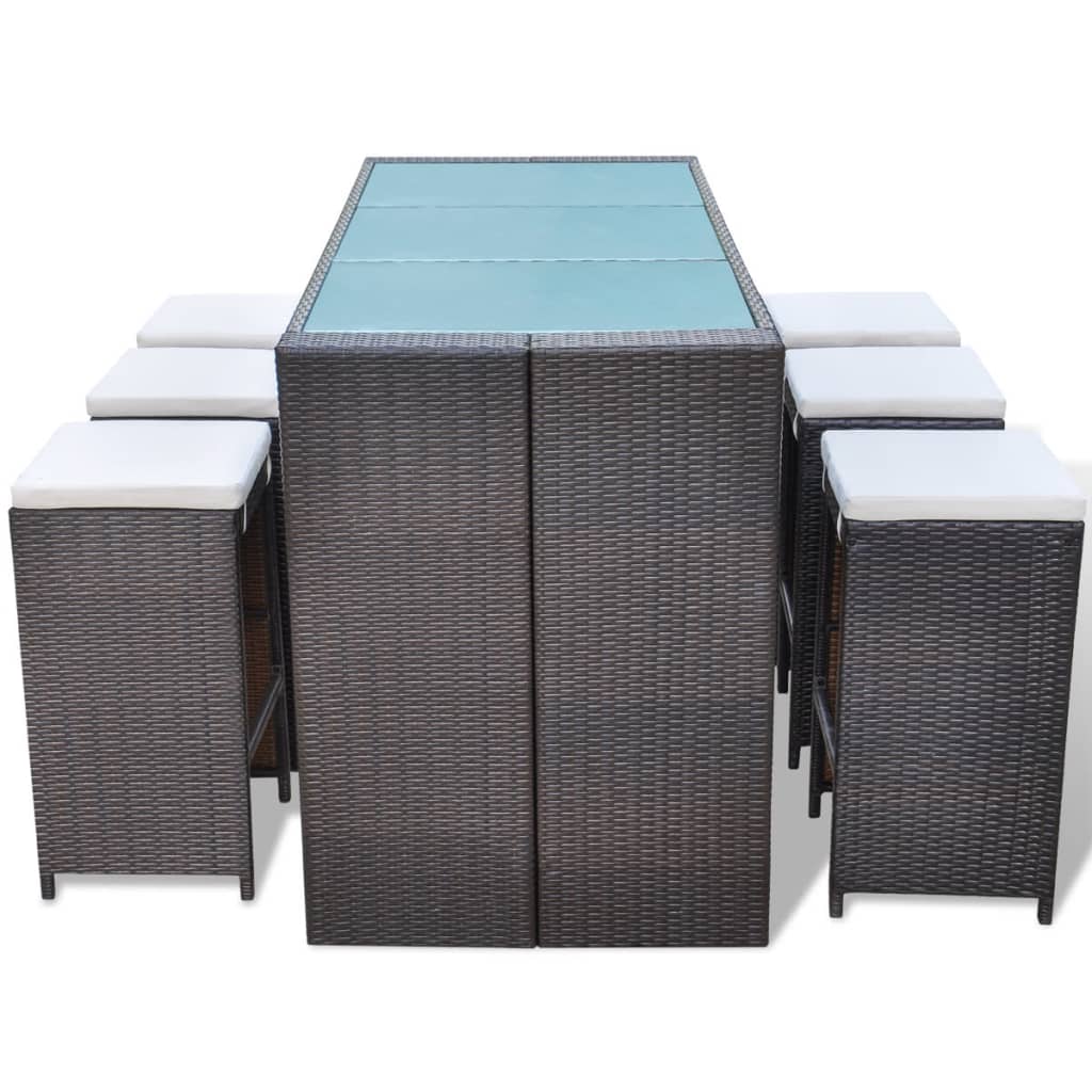 vidaXL 7-tlg. Gartenbar-Set mit Auflagen Poly Rattan Braun