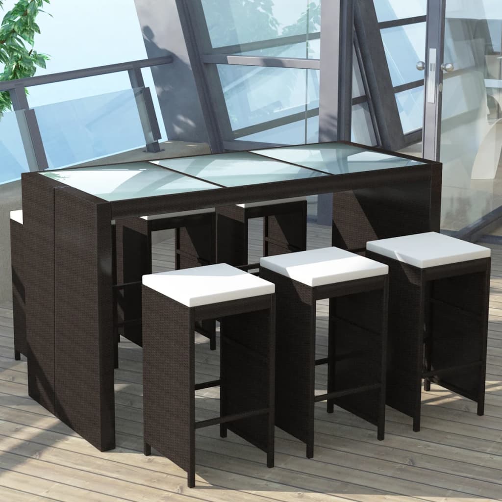 vidaXL 7-tlg. Gartenbar-Set mit Auflagen Poly Rattan Braun