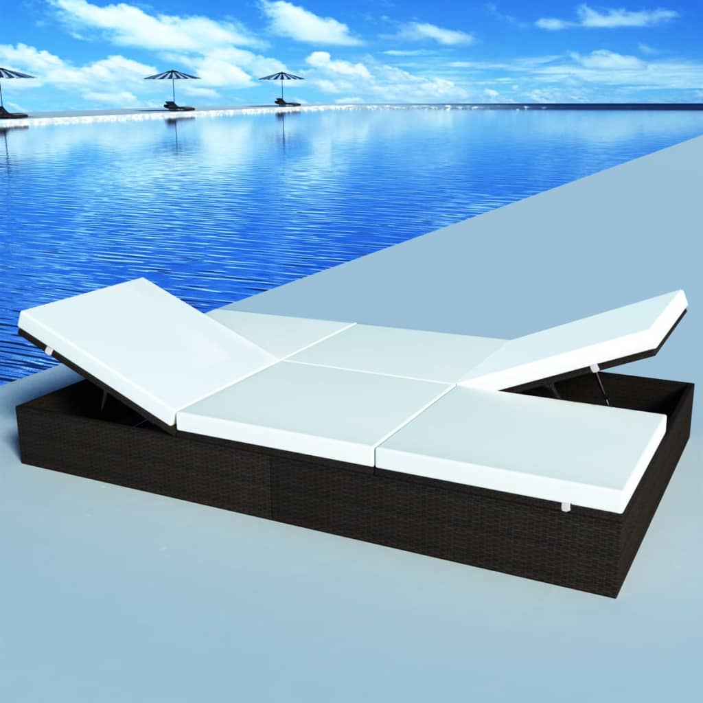 vidaXL Doppel-Sonnenliege mit Auflage Poly Rattan Braun