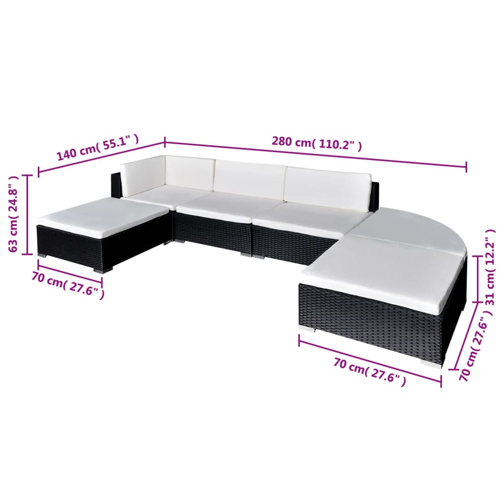 vidaXL 6-tlg. Garten-Lounge-Set mit Kissen Poly Rattan Schwarz