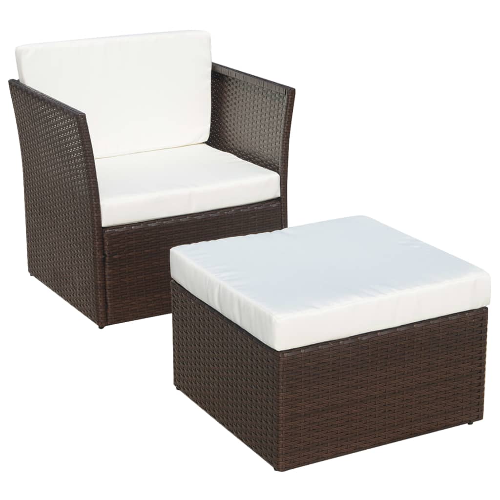 vidaXL Gartensessel mit Fußhocker Poly Rattan Braun