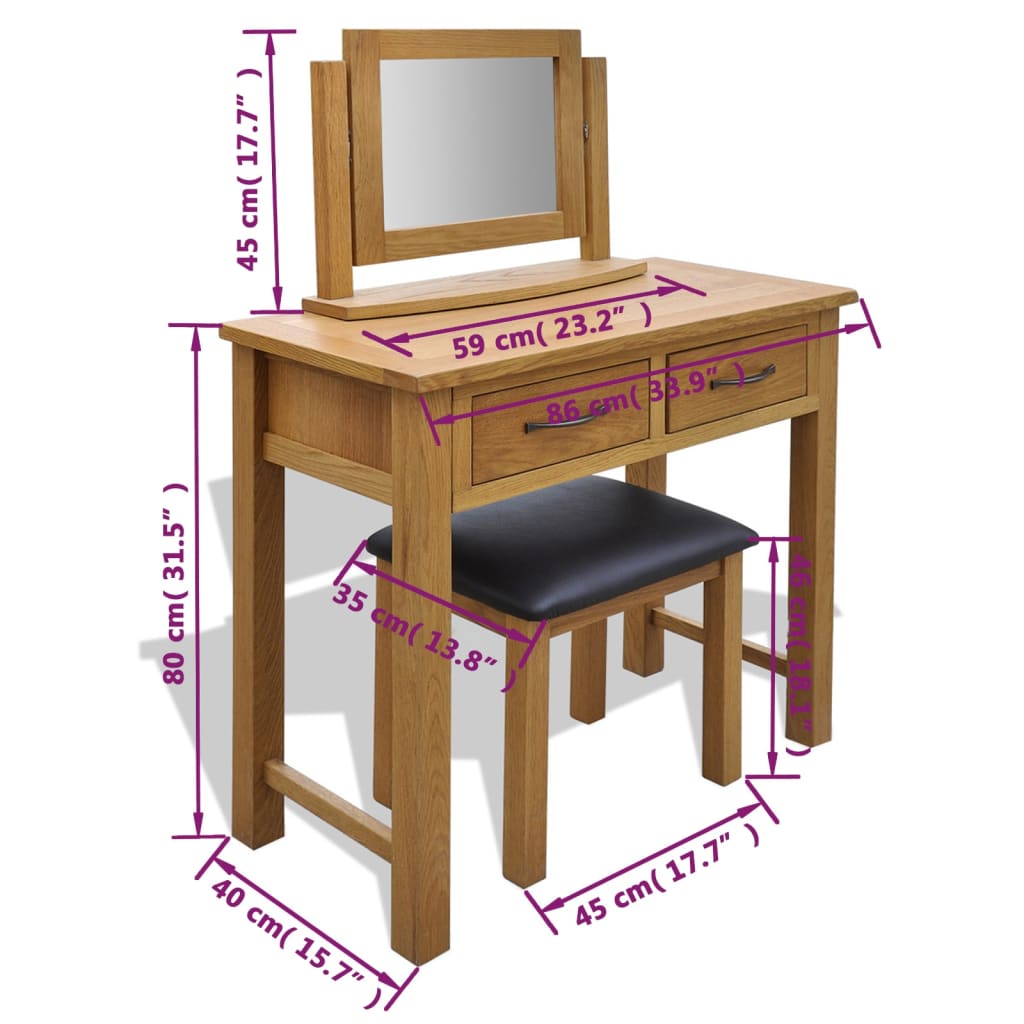 vidaXL Frisiertisch mit Hocker Massivholz Eiche