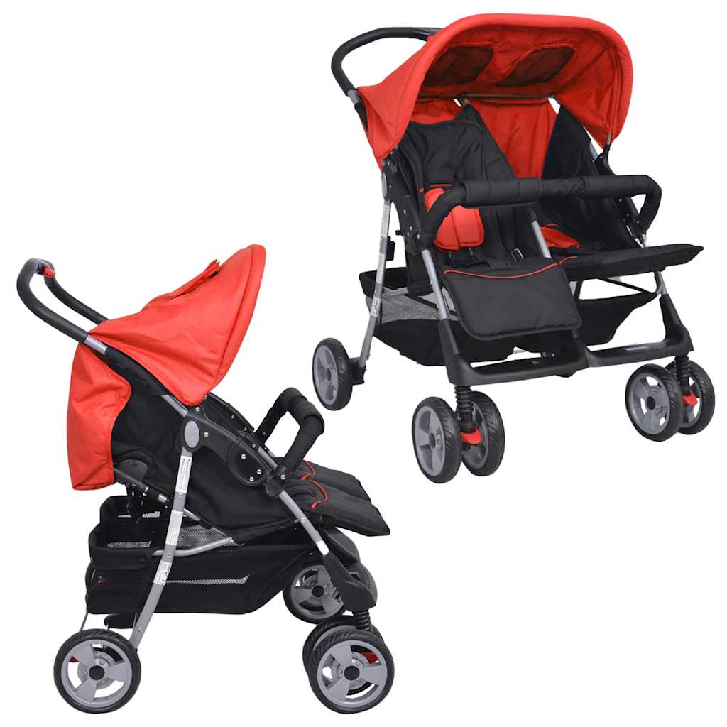 vidaXL Zwillingskinderwagen Stahl Rot und Schwarz