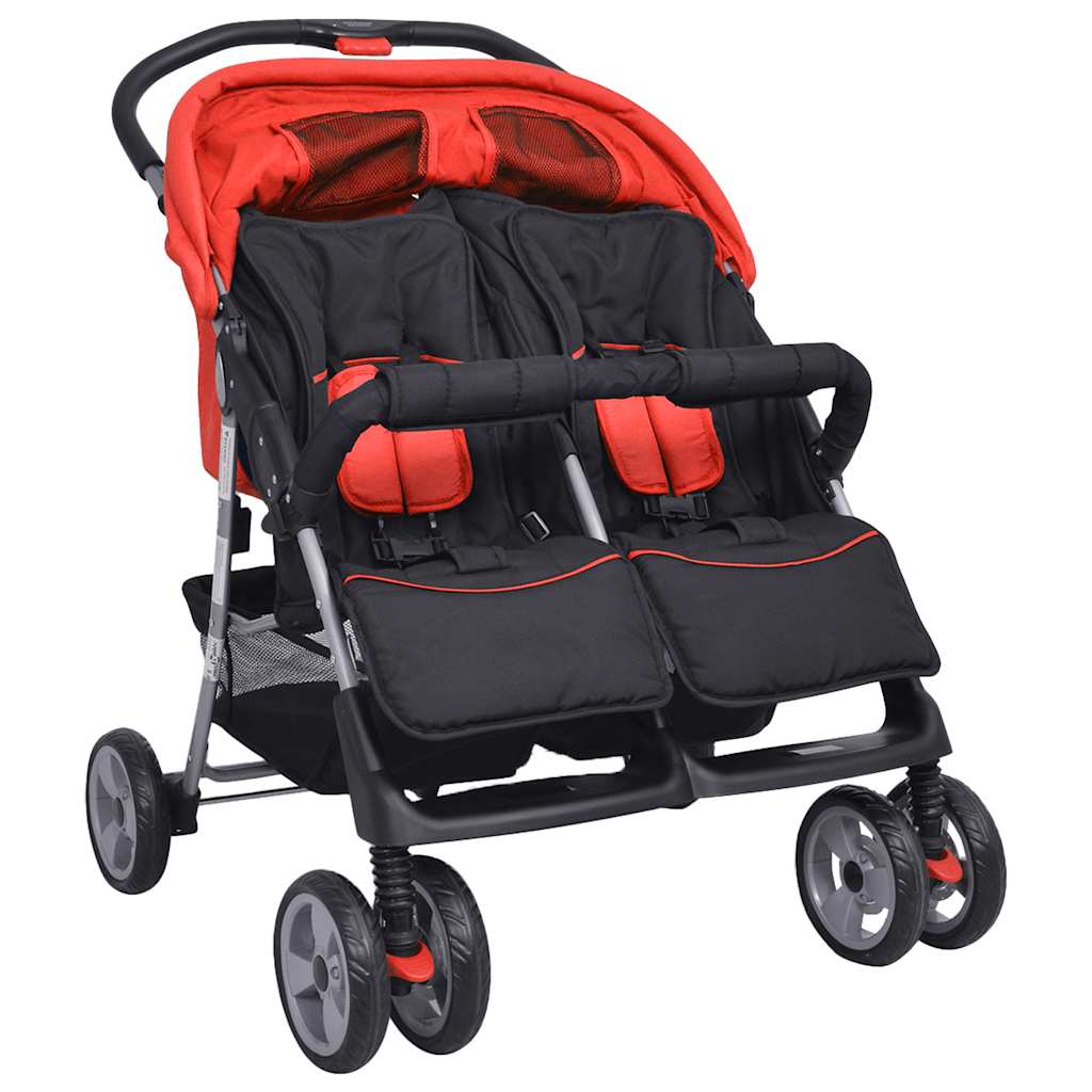 vidaXL Zwillingskinderwagen Stahl Rot und Schwarz