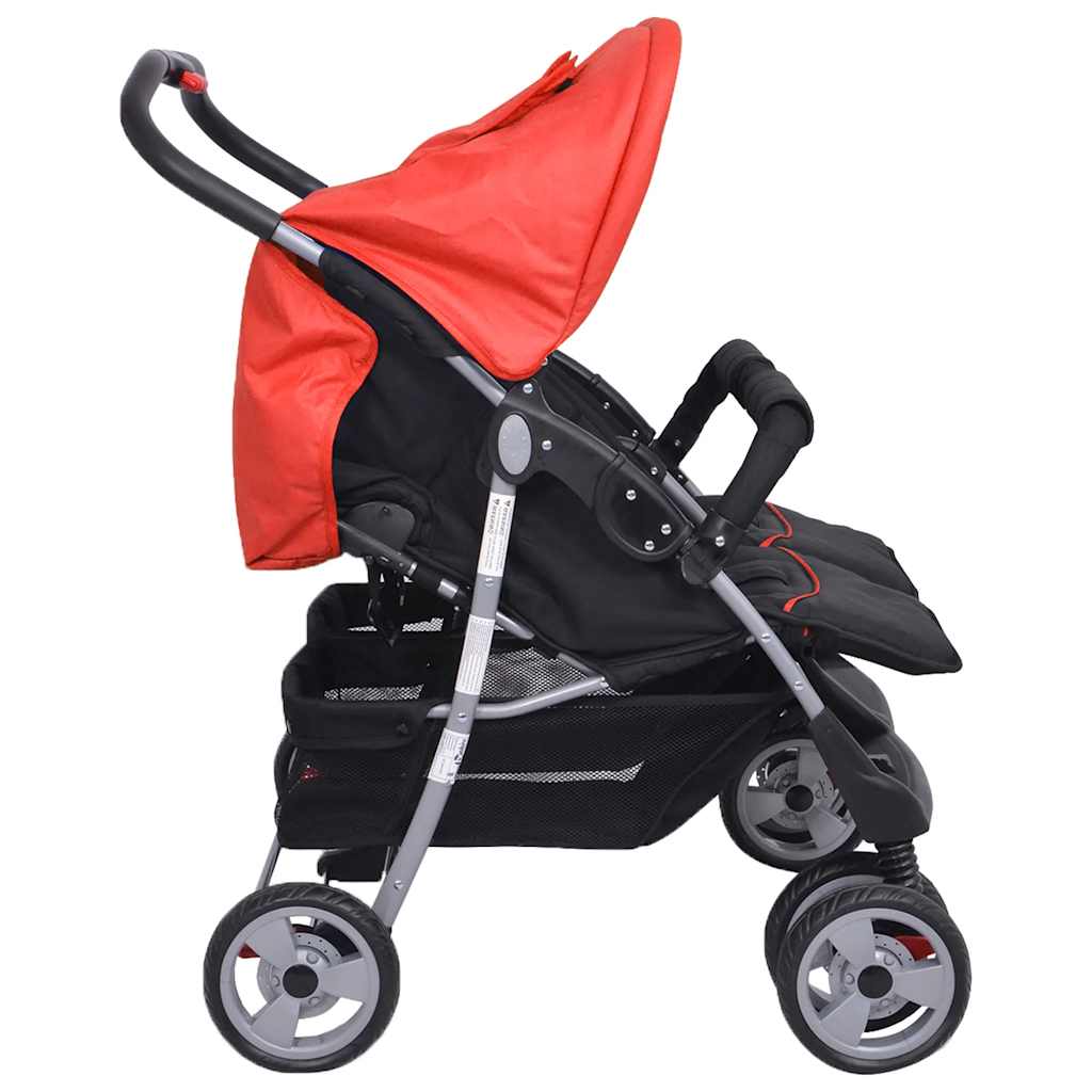 vidaXL Zwillingskinderwagen Stahl Rot und Schwarz