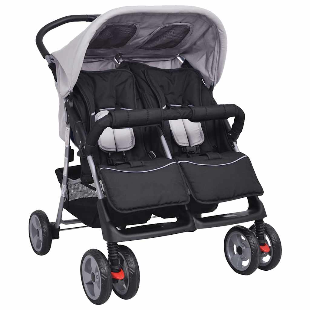 vidaXL Zwillingskinderwagen Stahl Rot und Schwarz