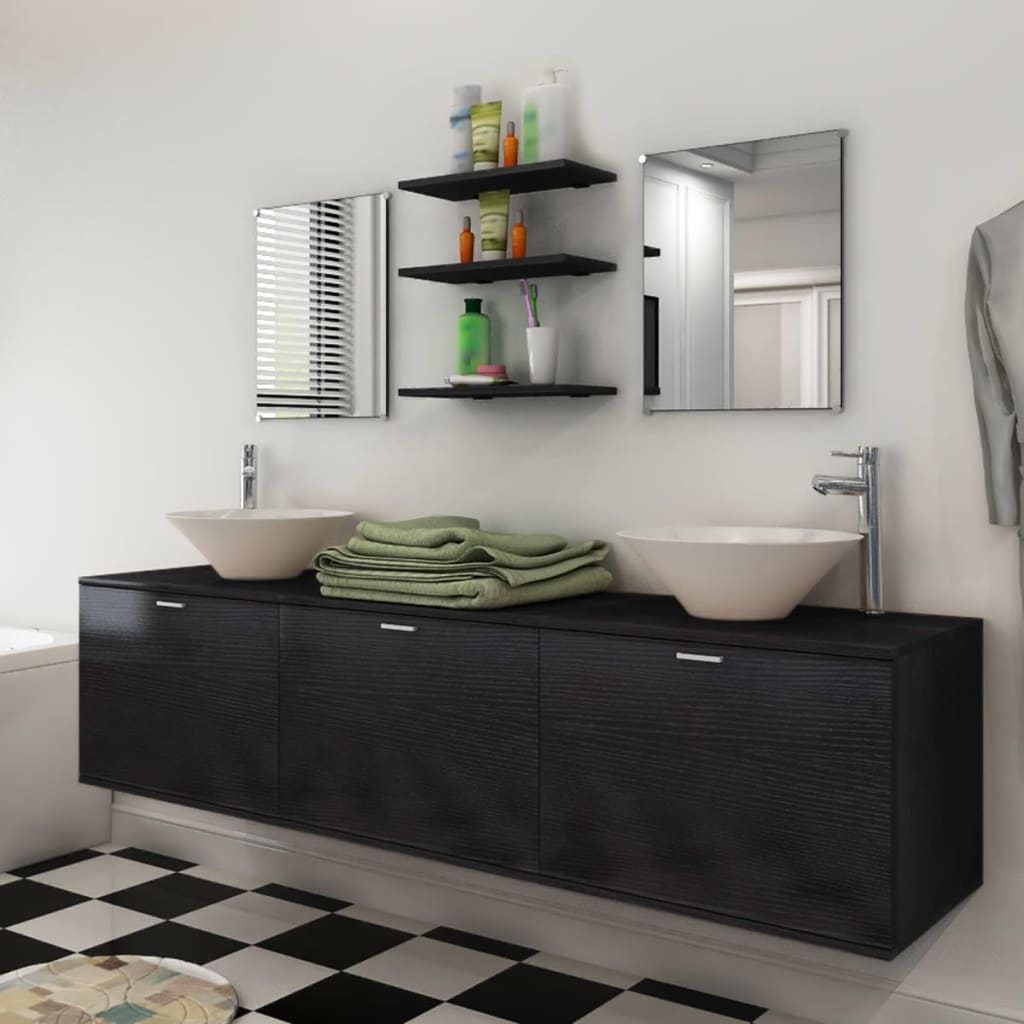 vidaXL 10-tlg. Badmöbel-Set mit Waschbecken und Wasserhahn Schwarz