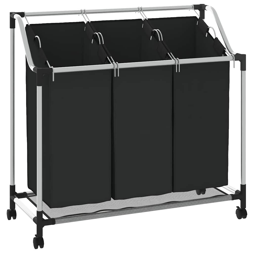 vidaXL Wäschekorb mit 3 Taschen Schwarz Stahl