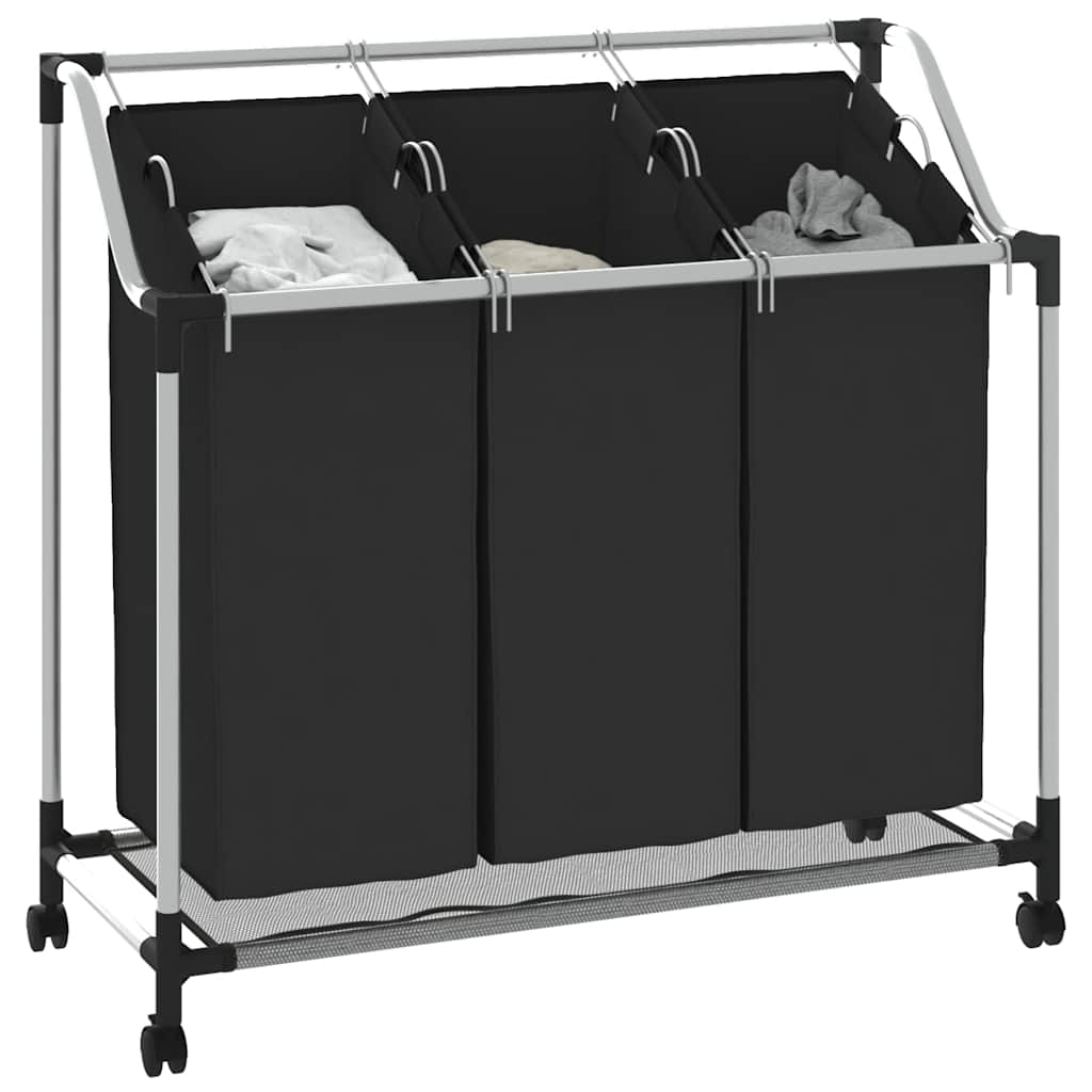 vidaXL Wäschekorb mit 3 Taschen Schwarz Stahl