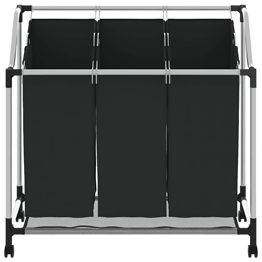 vidaXL Wäschekorb mit 3 Taschen Schwarz Stahl