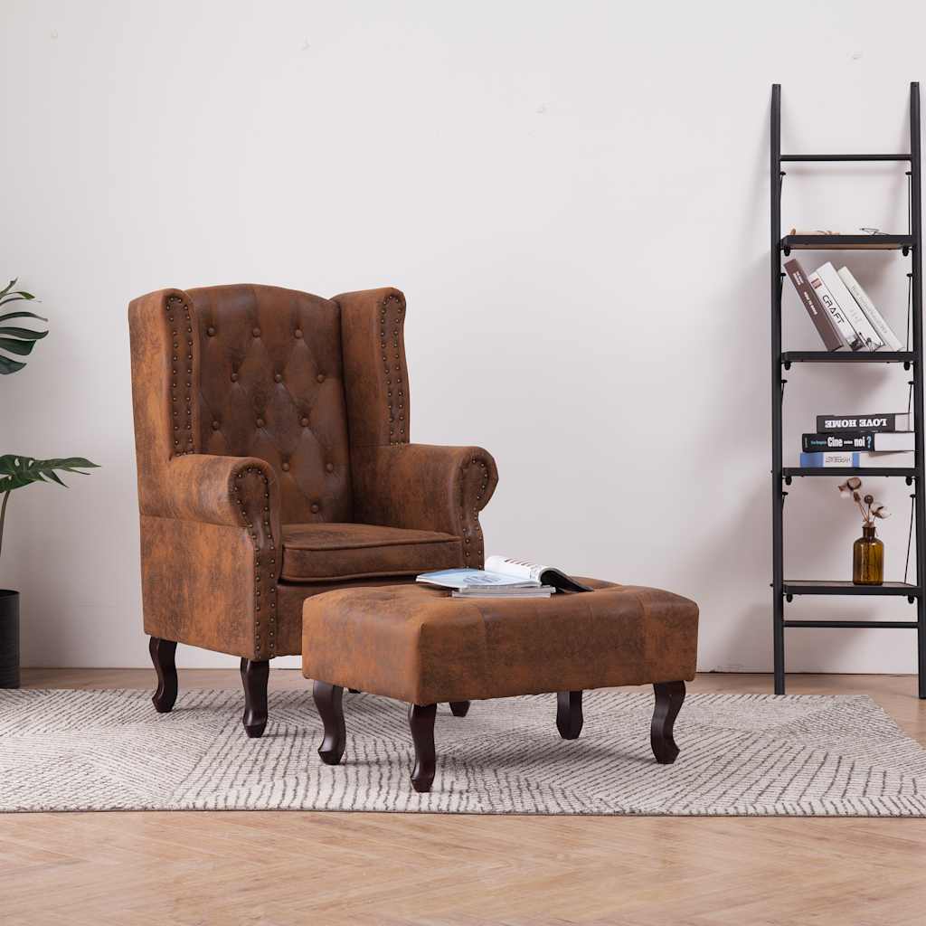vidaXL Chesterfield-Sessel und Fußhocker Braun Wildleder-Optik