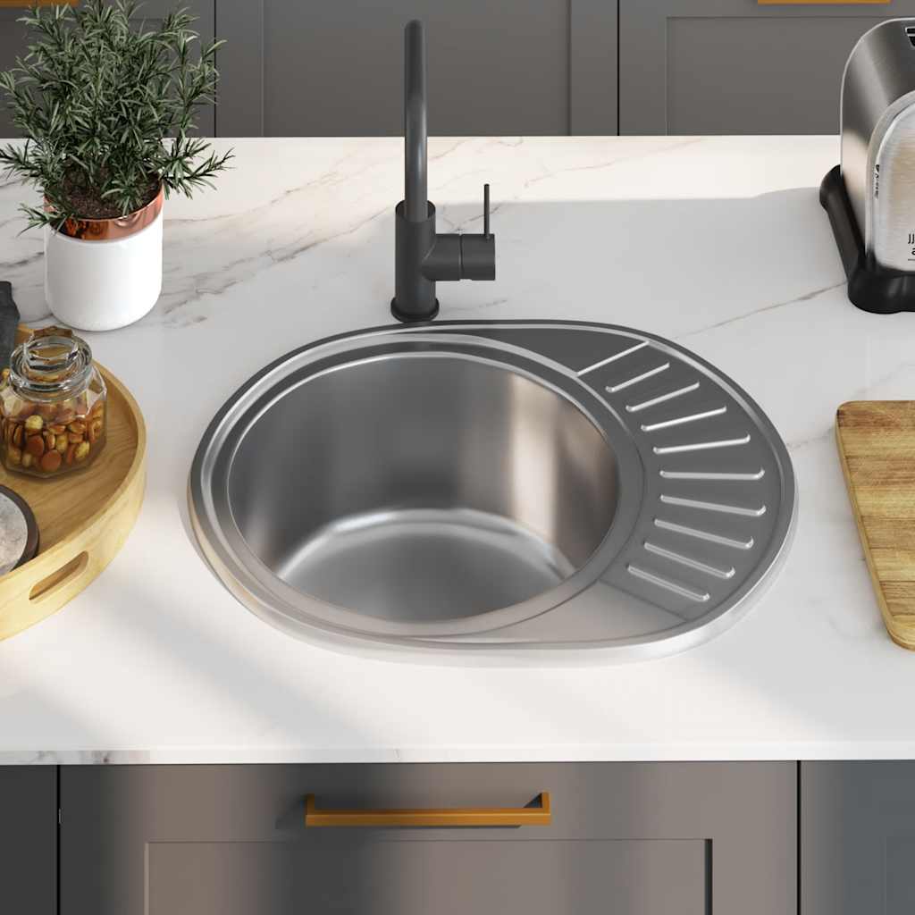 vidaXL Einbauspüle mit Sieb und Siphon Oval Edelstahl