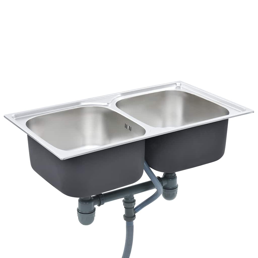 vidaXL Küchenspüle Doppelbecken mit Sieb & Siphon Edelstahl