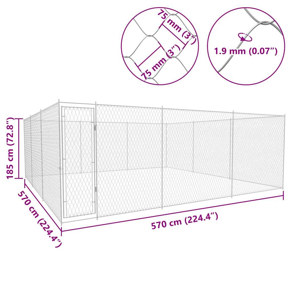 vidaXL Outdoor-Hundezwinger Verzinkter Stahl 570x570x185 cm