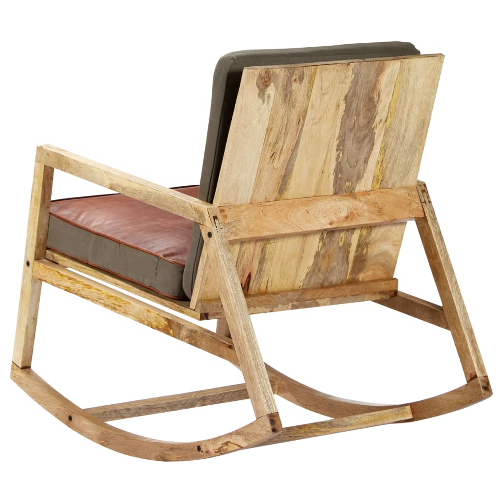 vidaXL Schaukelstuhl Braun Echtleder und Massivholz Mango