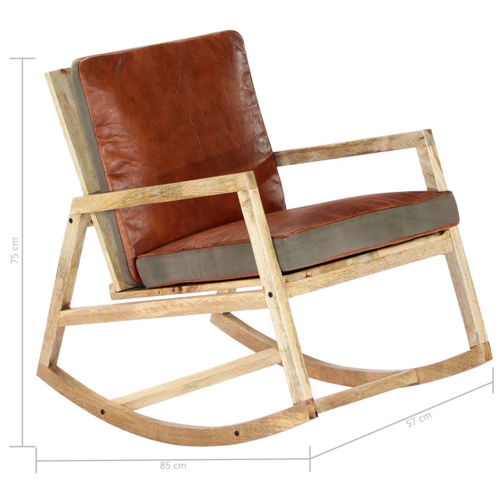 vidaXL Schaukelstuhl Braun Echtleder und Massivholz Mango