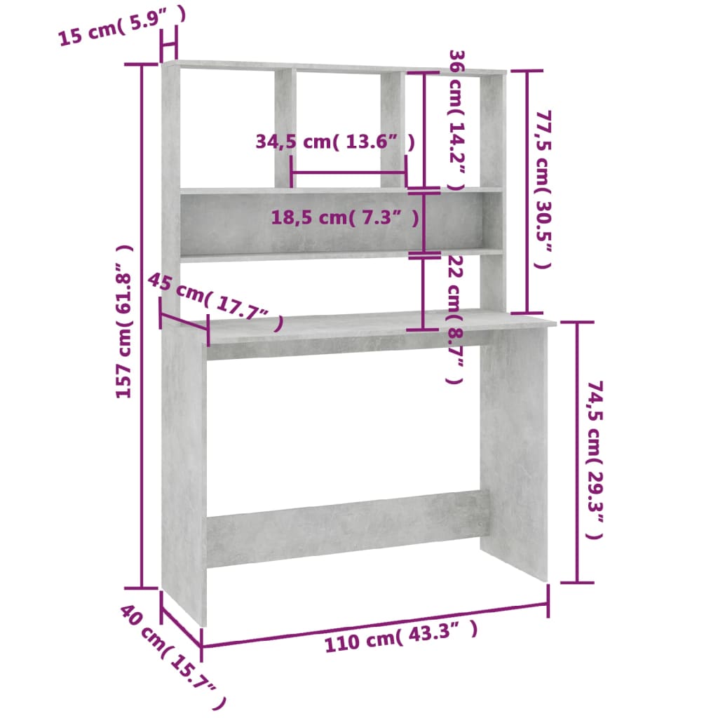 vidaXL Schreibtisch mit Regalen Betongrau 110x45x157 cm Holzwerkstoff