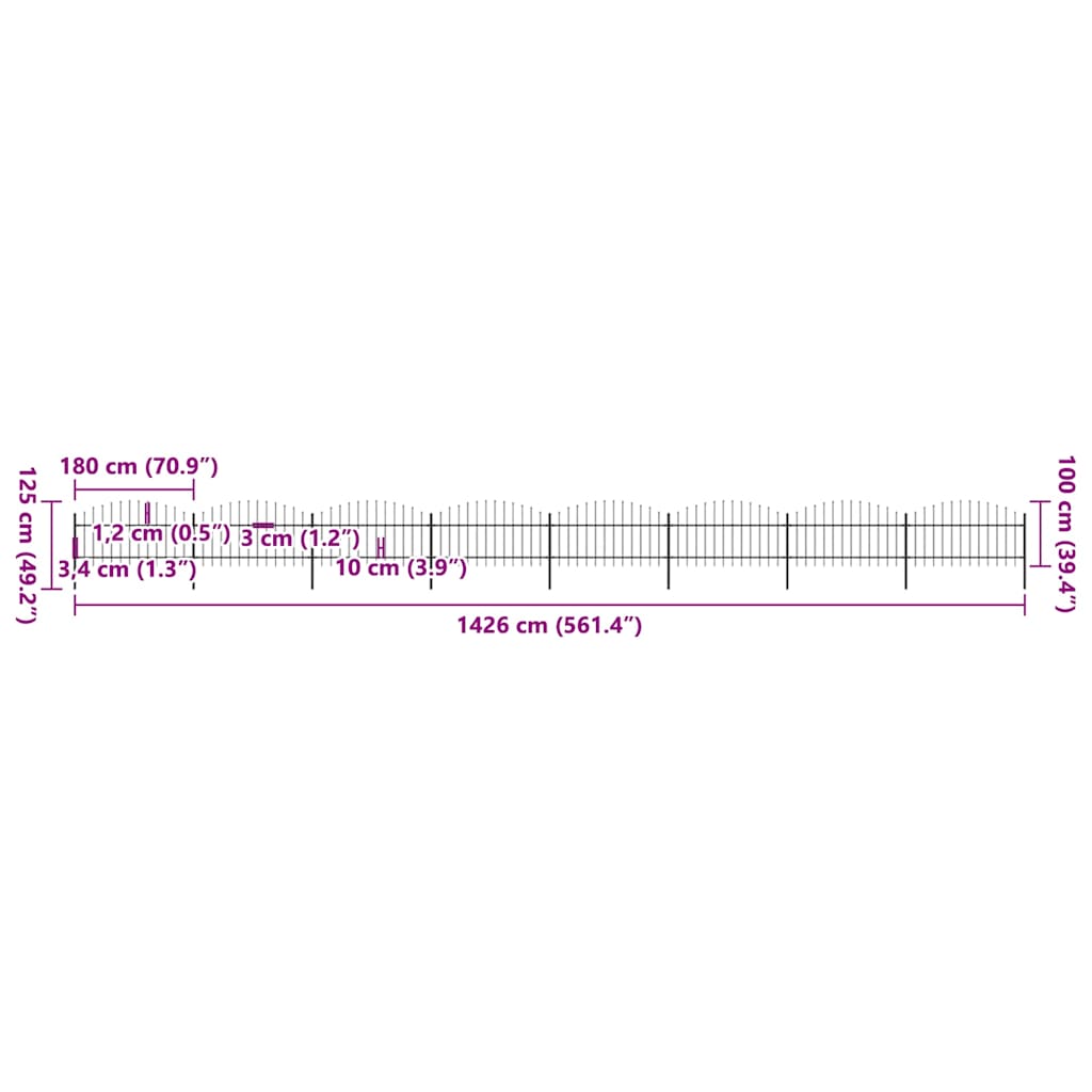 vidaXL Gartenzaun mit Speerspitzen Stahl (1 - 1,25) x 13,6 m Schwarz