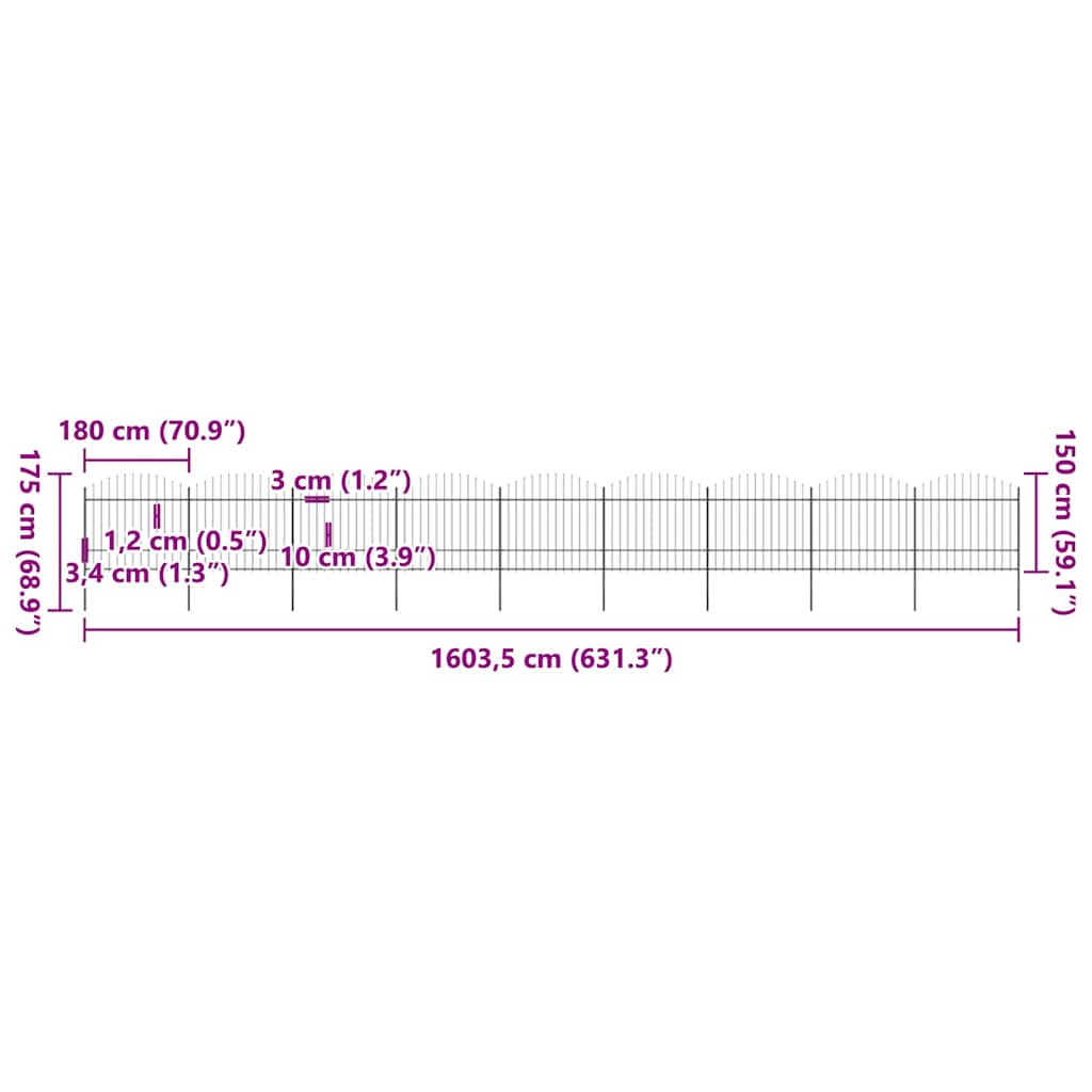 vidaXL Gartenzaun mit Speerspitzen Stahl (1,5 - 1,75) x 15,3 m Schwarz