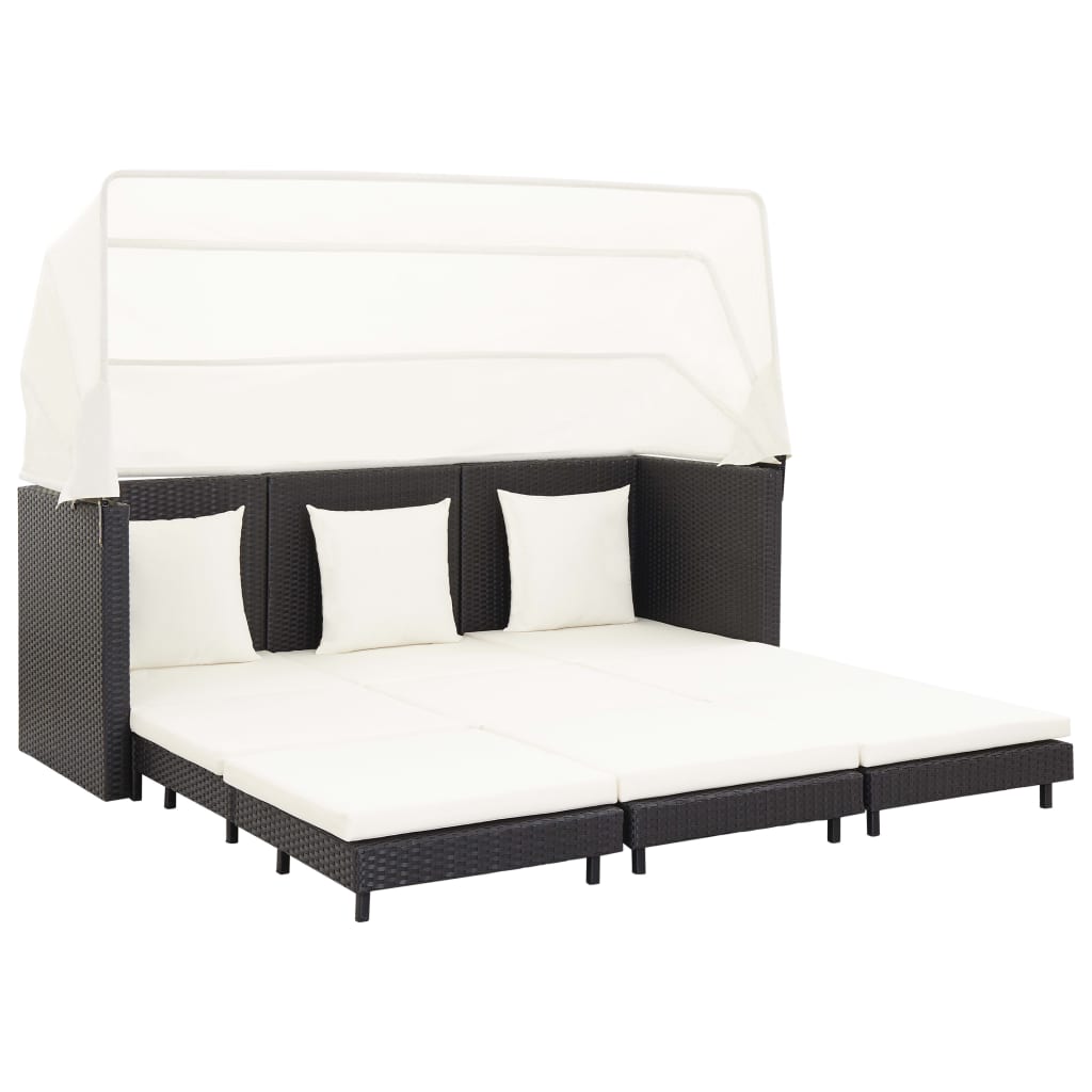 vidaXL Ausziehbares 3-Sitzer-Schlafsofa mit Dach Poly Rattan Schwarz