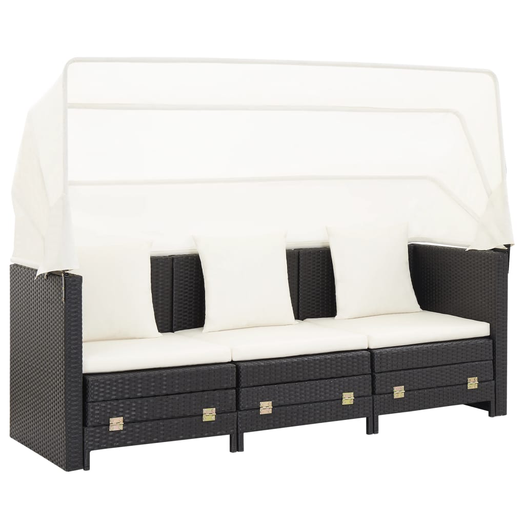 vidaXL Ausziehbares 3-Sitzer-Schlafsofa mit Dach Poly Rattan Schwarz