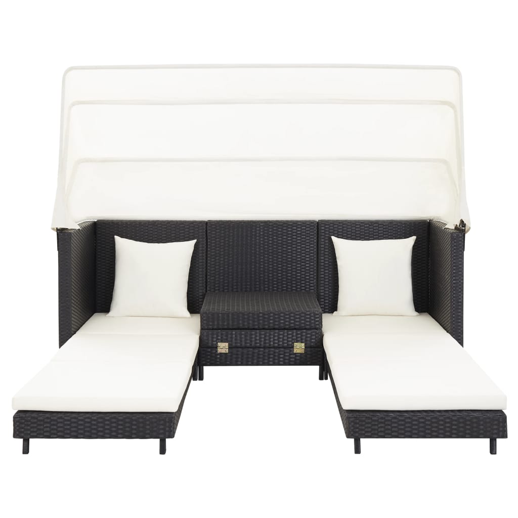 vidaXL Ausziehbares 3-Sitzer-Schlafsofa mit Dach Poly Rattan Schwarz