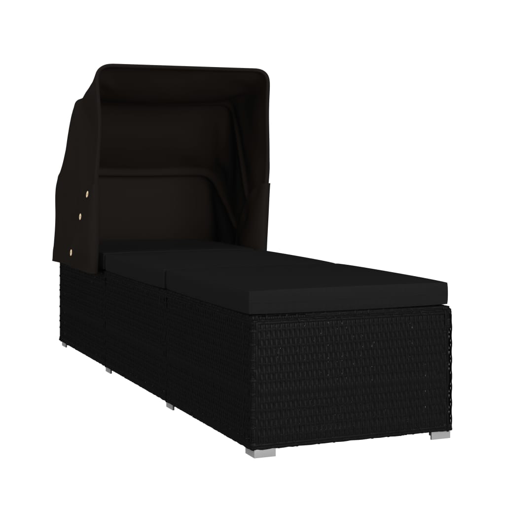 vidaXL Sonnenliege mit Sonnenschutz und Auflage Poly Rattan Schwarz