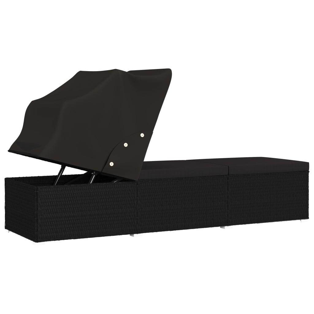 vidaXL Sonnenliege mit Sonnenschutz und Auflage Poly Rattan Schwarz