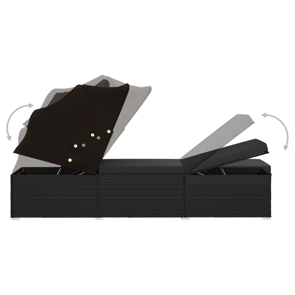 vidaXL Sonnenliege mit Sonnenschutz und Auflage Poly Rattan Schwarz