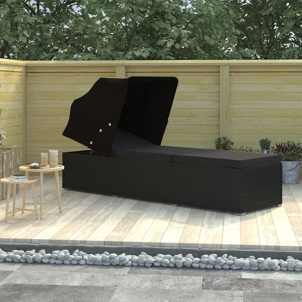 vidaXL Sonnenliege mit Sonnenschutz und Auflage Poly Rattan Schwarz