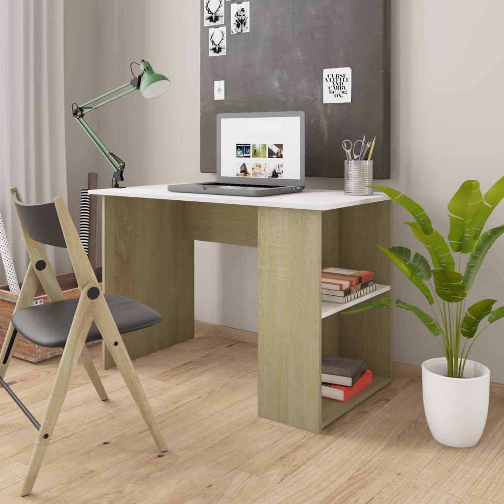 vidaXL Schreibtisch Weiß und Sonoma-Eiche 110x60x73 cm Holzwerkstoff