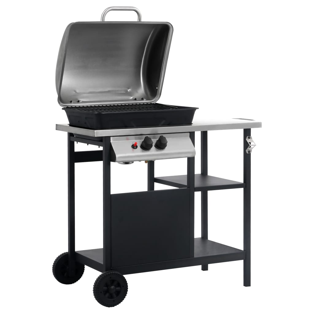 vidaXL Gasgrill mit Beistelltisch auf 3 Ebenen Schwarz und Silbern