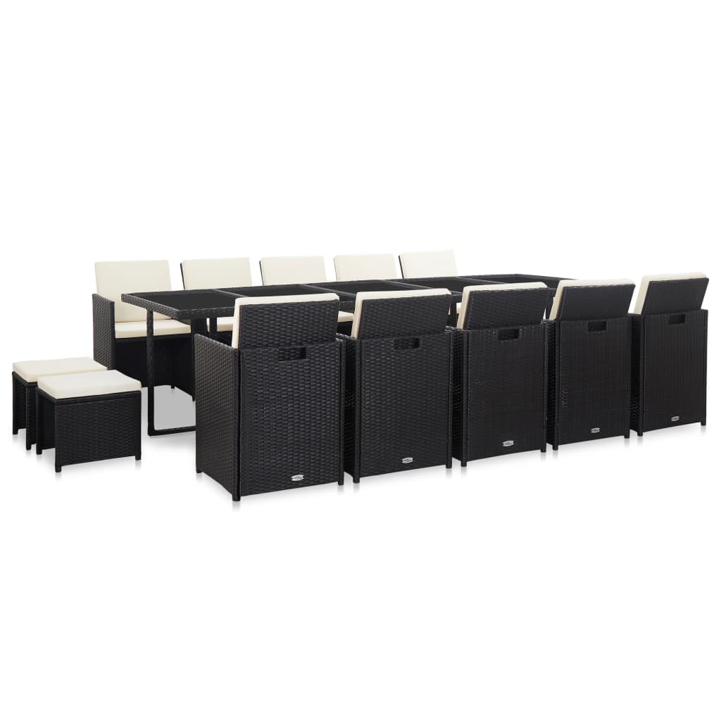 vidaXL 15-tlg. Garten-Essgruppe mit Kissen Poly Rattan Schwarz