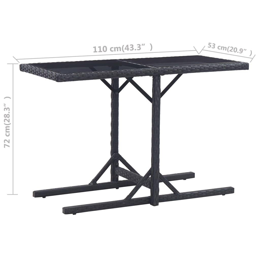 vidaXL Gartentisch Schwarz 110×53×72 cm Glas und Poly Rattan