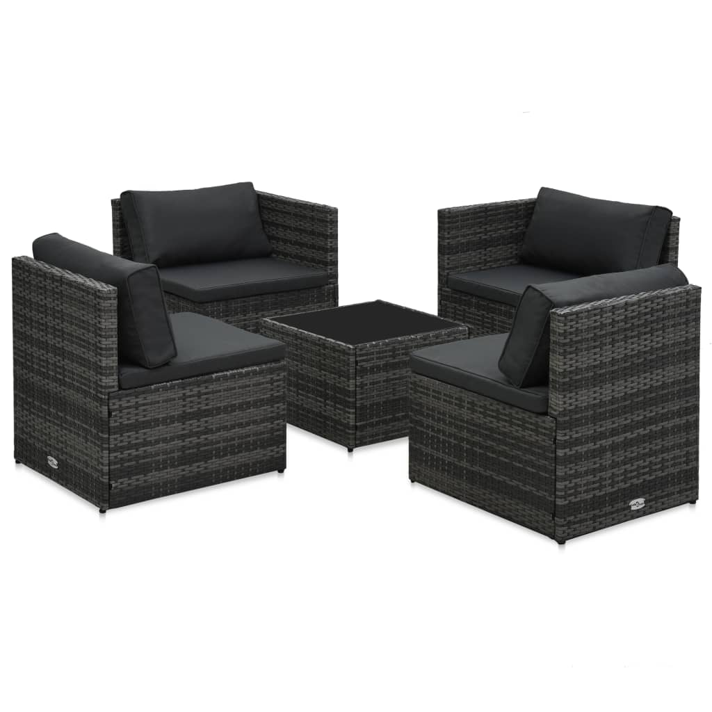 vidaXL 5-tlg. Garten-Sofagarnitur mit Auflagen Poly Rattan Grau