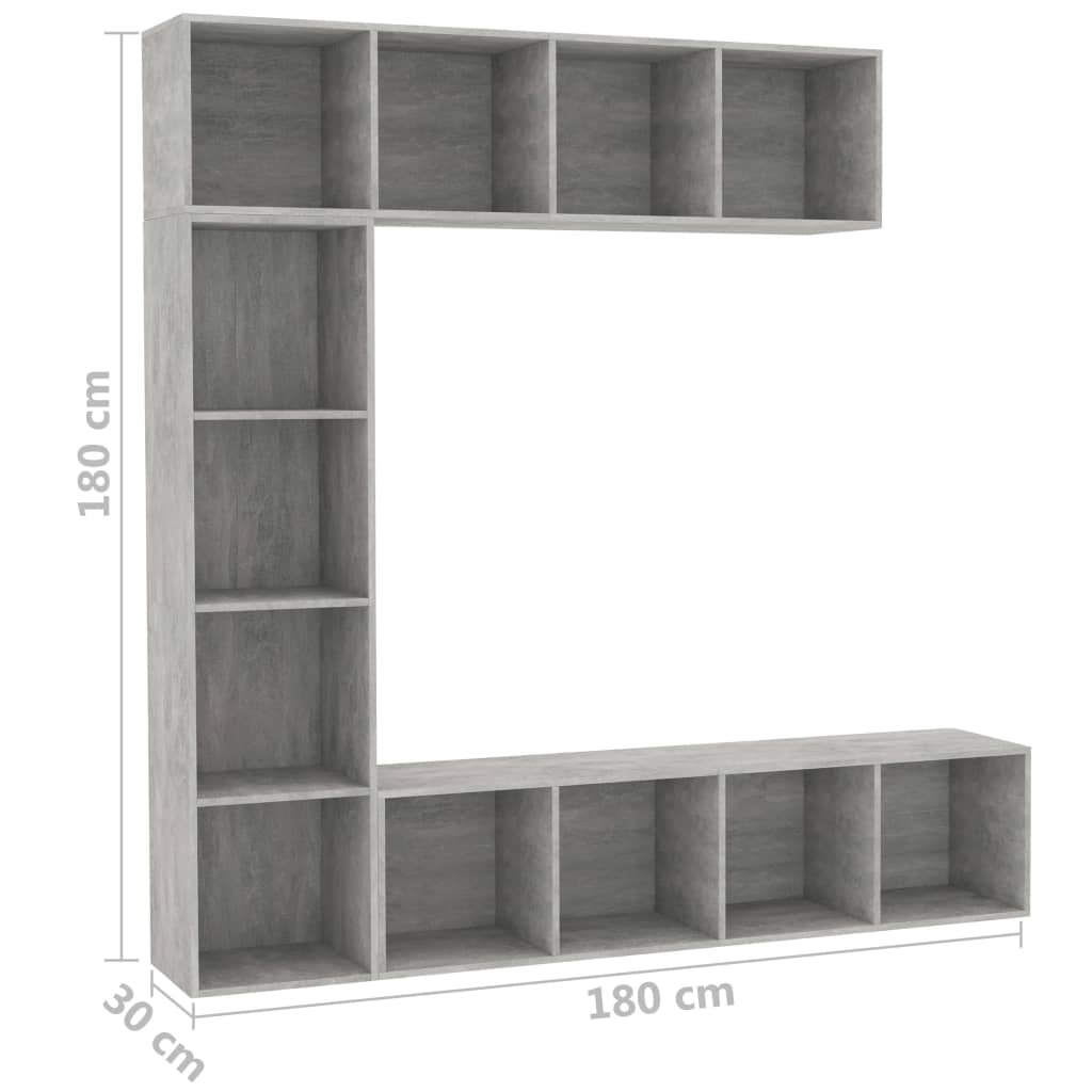 vidaXL 3-tlg. Bücher-/TV-Schrank Set Betongrau 180x30x180 cm