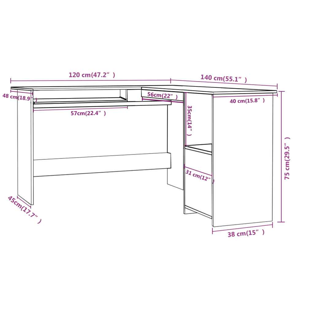 vidaXL Eckschreibtisch L-Form Sonoma-Eiche 120x140x75 cm Holzwerkstoff