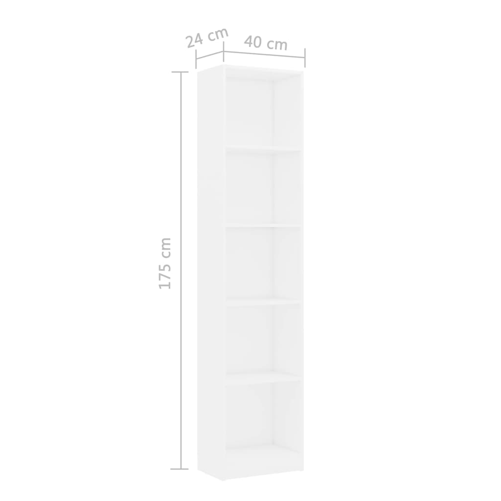 vidaXL Bücherregal 5 Fächer Weiß 40x24x175 cm Holzwerkstoff