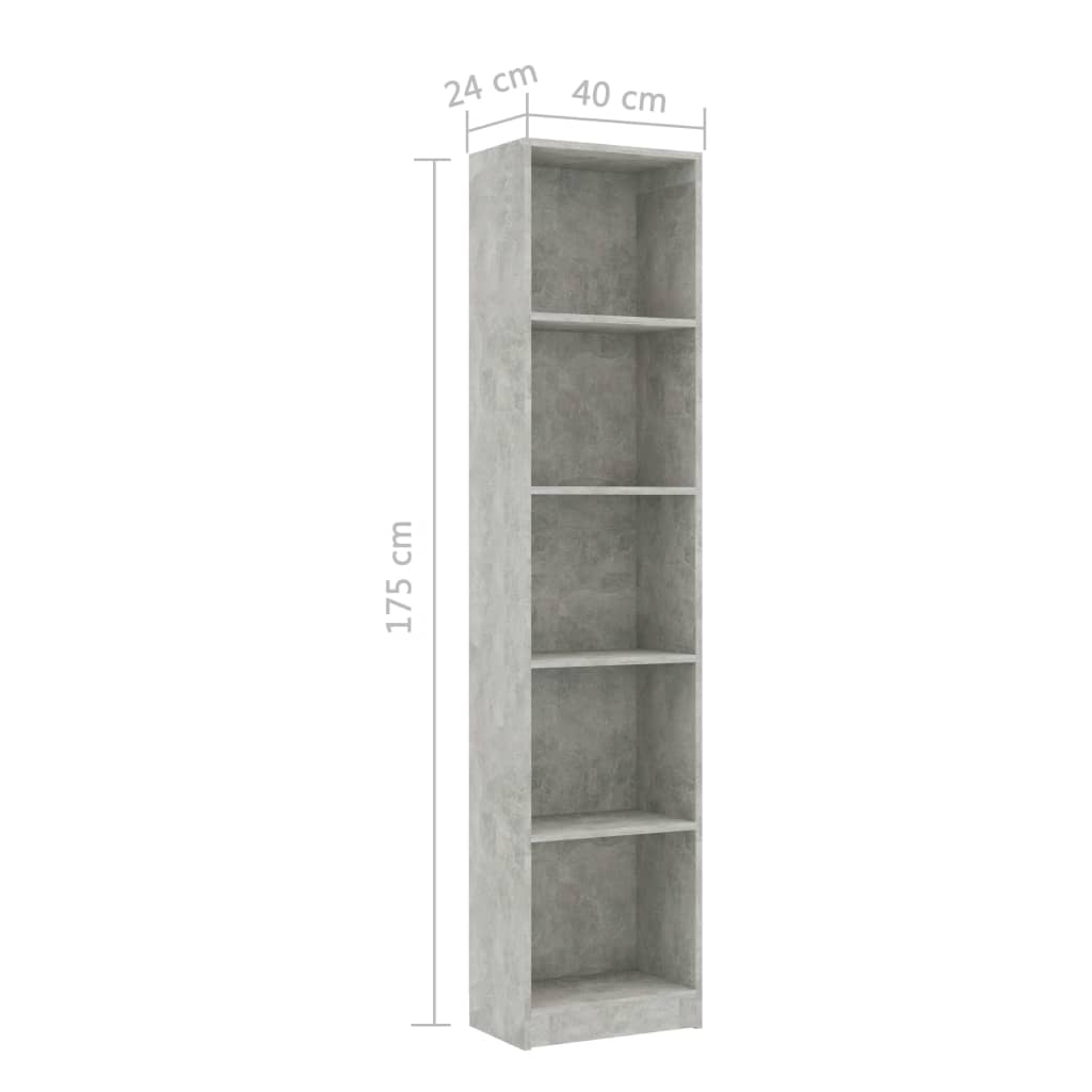 vidaXL Bücherregal 5 Fächer Betongrau 40x24x175 cm Holzwerkstoff