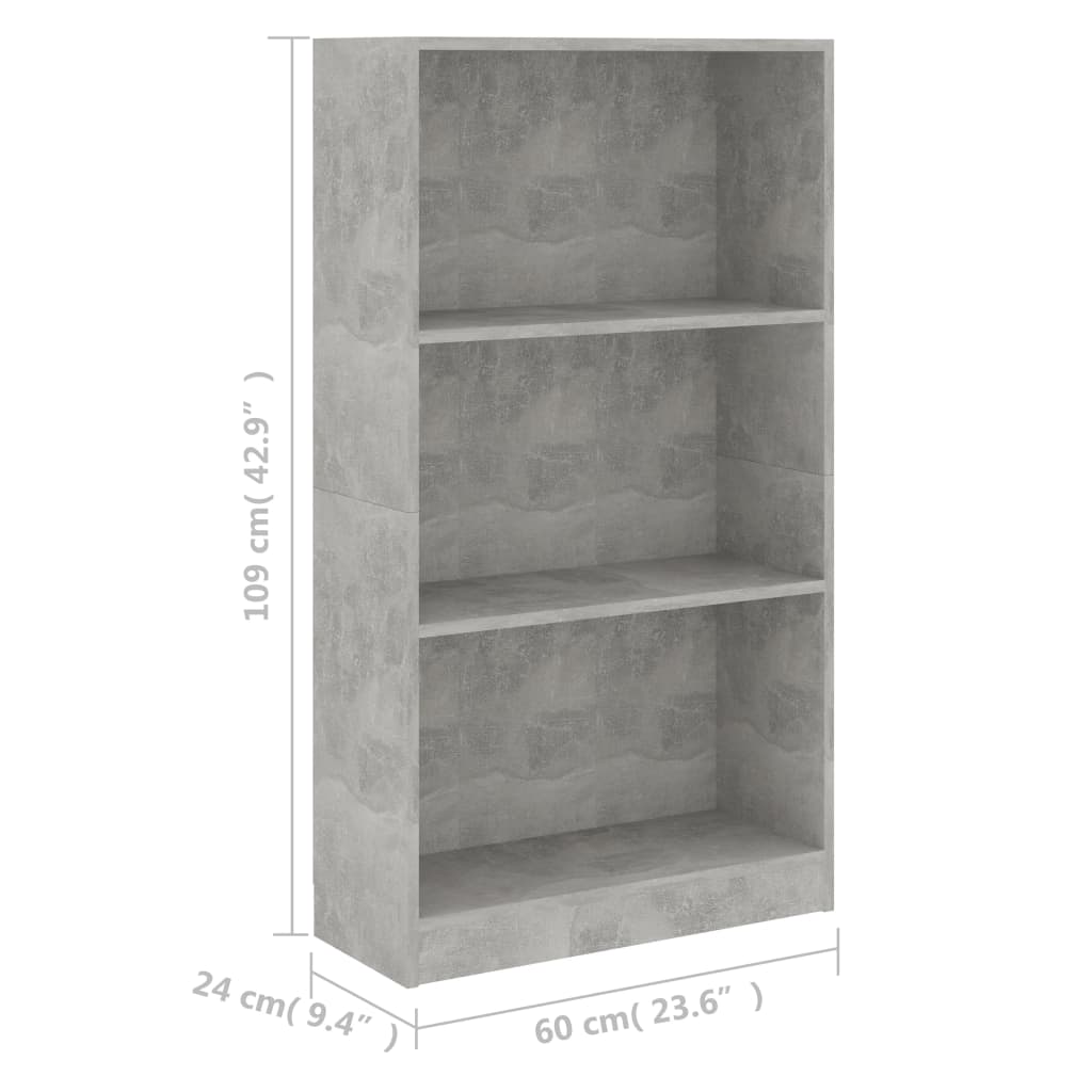 vidaXL Bücherregal 3 Fächer Betongrau 60x24x109 cm Holzwerkstoff