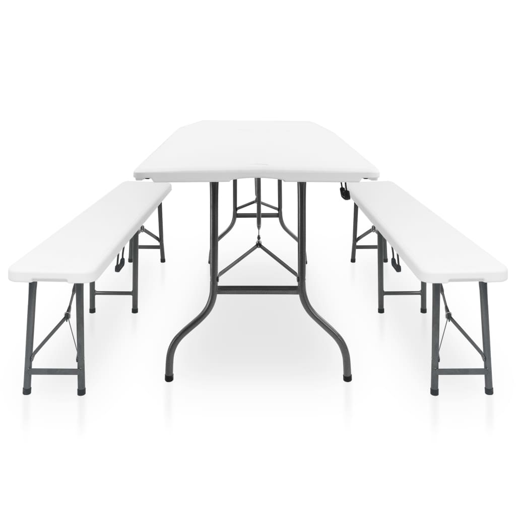 vidaXL Klappbarer Gartentisch mit 2 Bänken 180 cm Stahl und HDPE Weiß